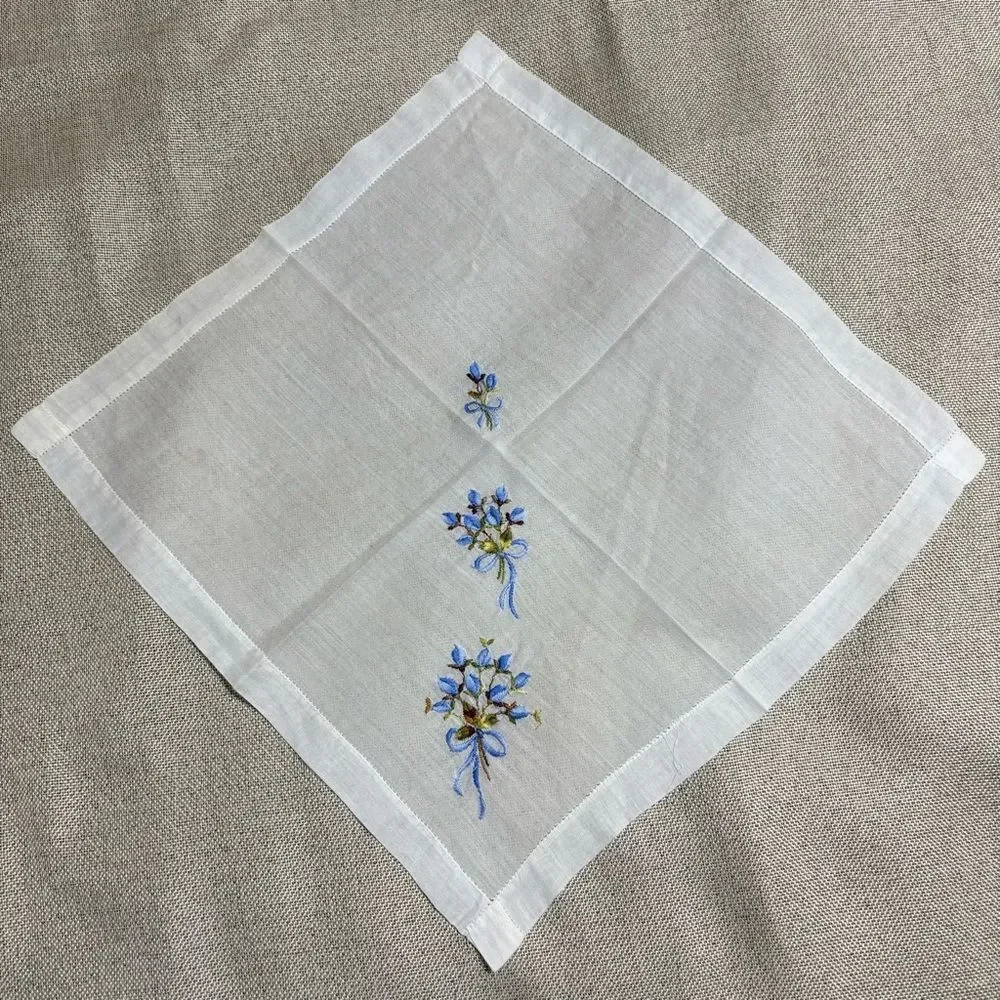Vintage Hand Embroidered Floral Handkerchief Blue Forget Me Not Hanky